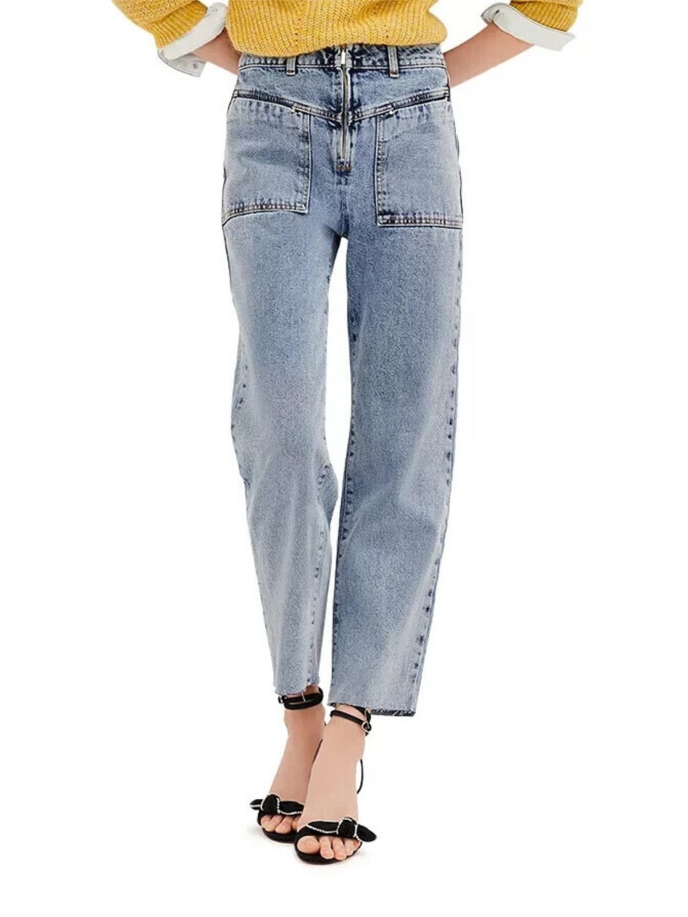 BA&SH Lady Jeans Cargo Pockets Straight Leg Raw Hem 100% Cotton Size 24